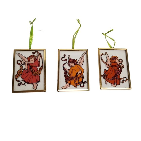 Unbranded Holiday Vintage Christmas Ornament Set 7s Angels Faux Stained Glass Fairies Girls